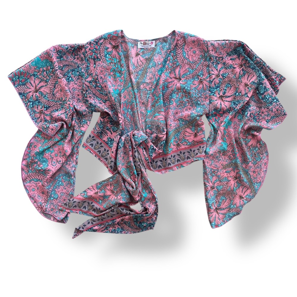 Boho Pink Teal Floral Bell Sleeve Tie Front Wrap Crop Festival Beach Lightwt Top